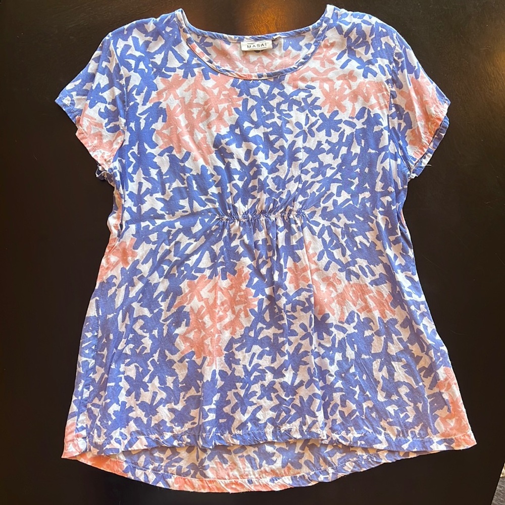 Lightweight pink and blue tunic with abstract shapes, size XS